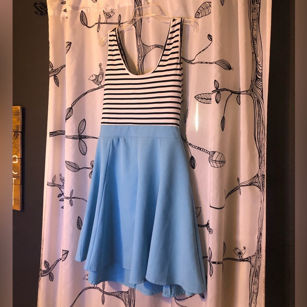 Retro Sky Blue and Black and White with Cross Back Dress